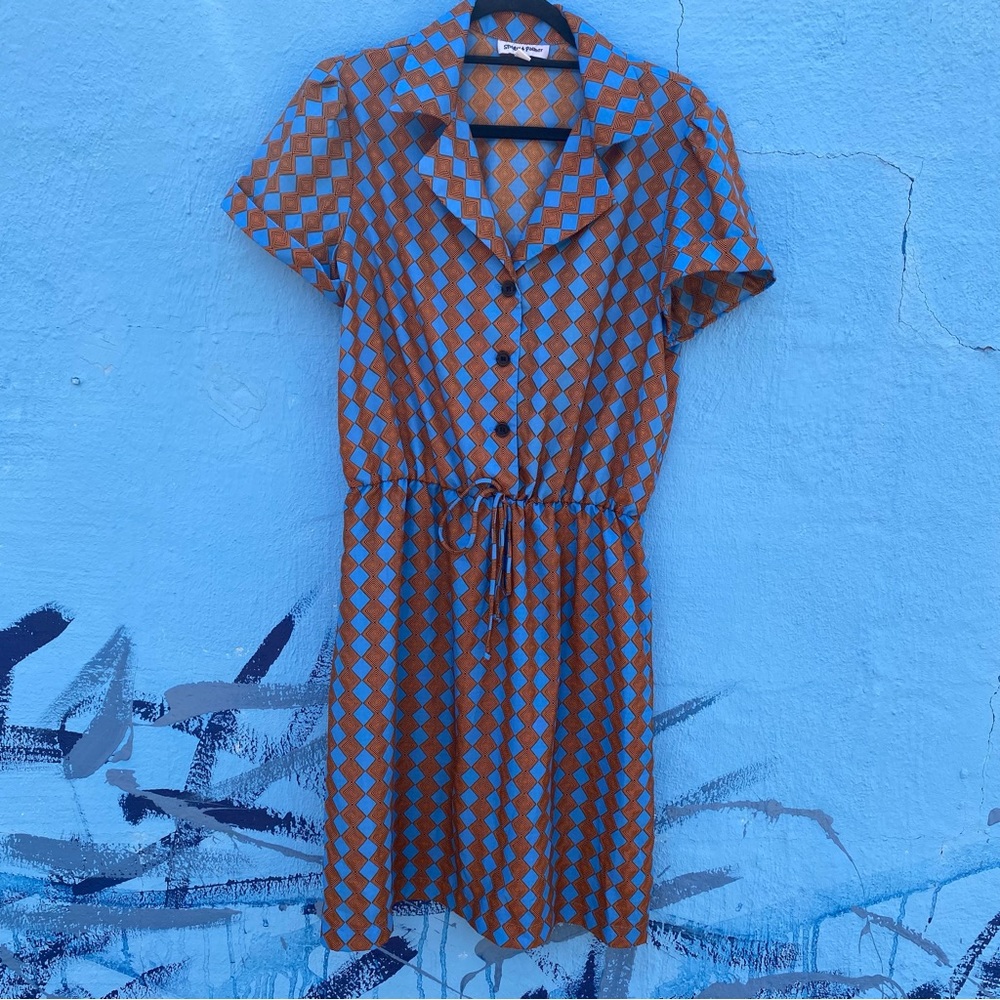 Blue and orange retro style midi dress rolled short sleeve button front size 14P